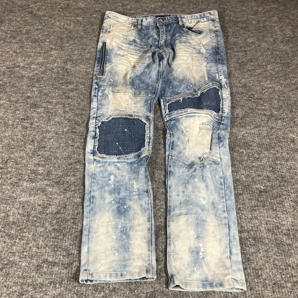 Decibel Jeans Mens 36x32 Blue Denim Slim Paint Splatter Distressed Grunge Faded